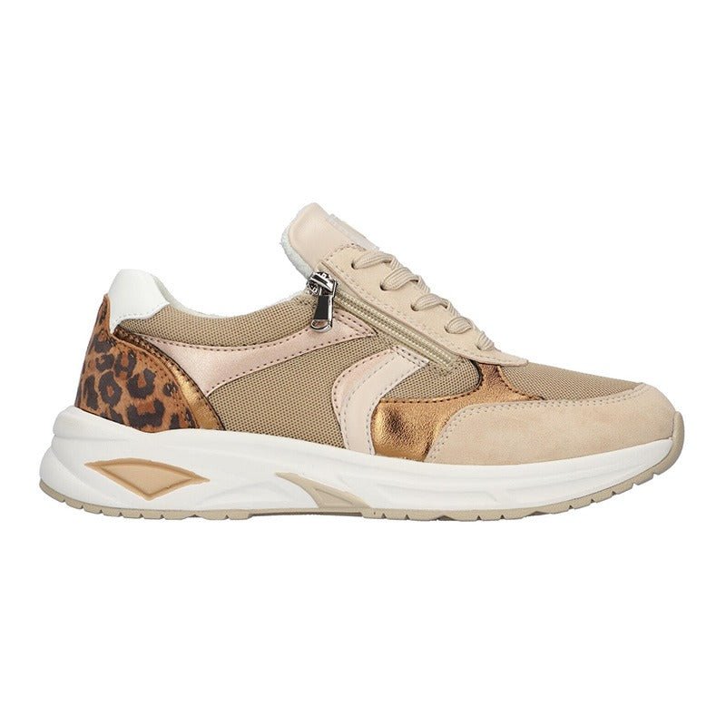 Waldläufer damsneaker i beige och guld med leopardmönstrad häl, synlig dragkedja och snörning