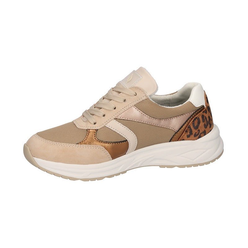 Beige Waldläufer damsneaker med snörning och leopardmönster på hälen, sedd från sidan