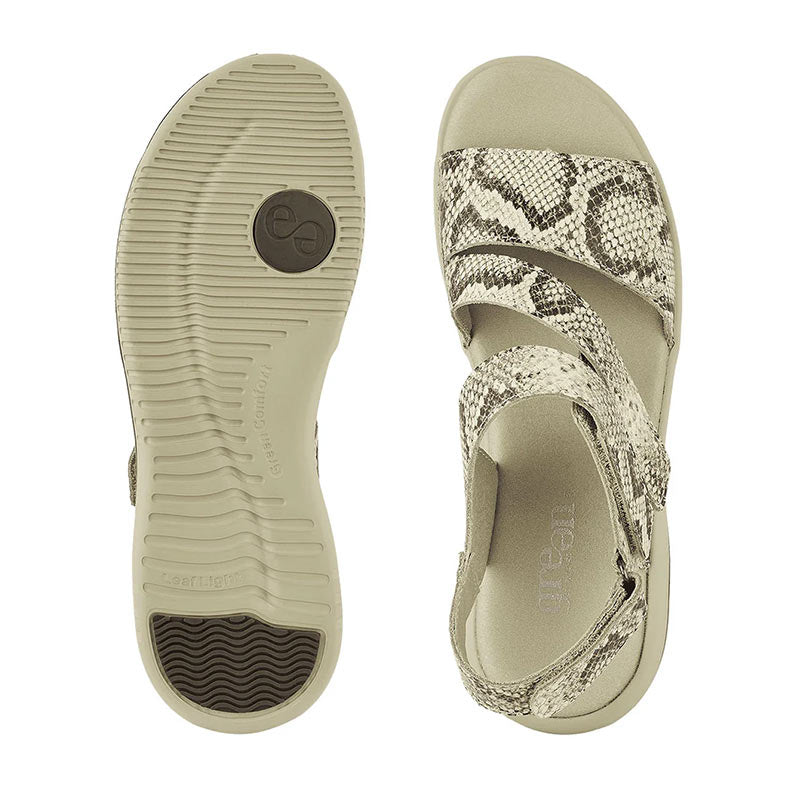 Green Comfort damsandal med ormskinnsmönster uppifrån, bredvid den beiga yttersulan med halkskydd