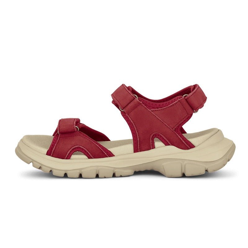 Green Comfort damsandal i rött, sedd från sidan med robust sula och justerbara kardborreband