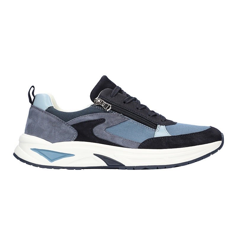 Waldläufer herresneaker i blå, sort og grå fra siden med synlig lynlås ved snørebåndene