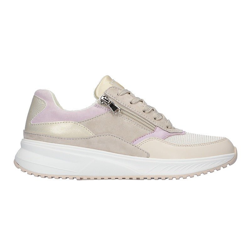 Waldläufer damsneaker i beige och lavendel, sedd från sidan med dragkedja och snörning