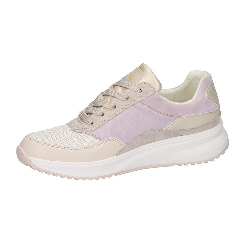 Sportig Waldläufer damsneaker i beige och lavendel, sedd från sidan med snörning