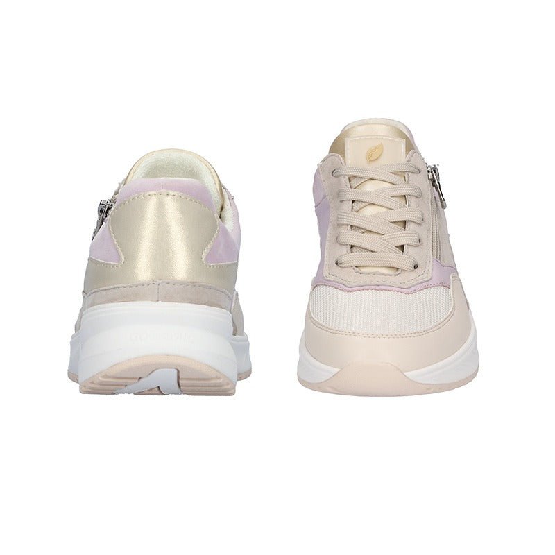 Två Waldläufer damsneakers i beige och lavendel, sedda framifrån och bakifrån