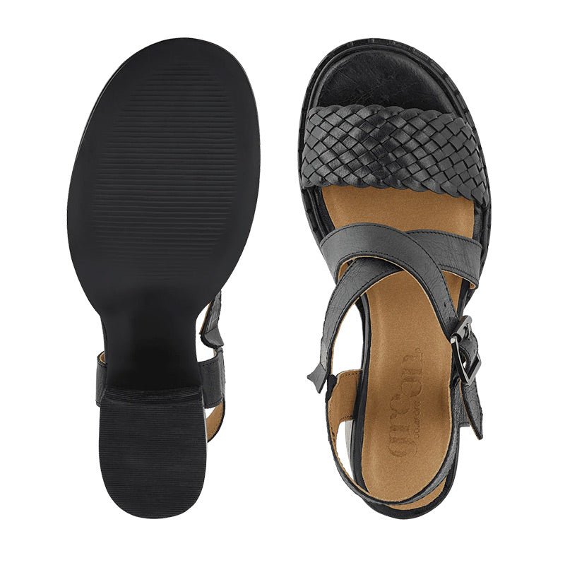 Två svarta Green Comfort damsandaler med klack, sedda uppifrån, visar ovansida och räfflad sula