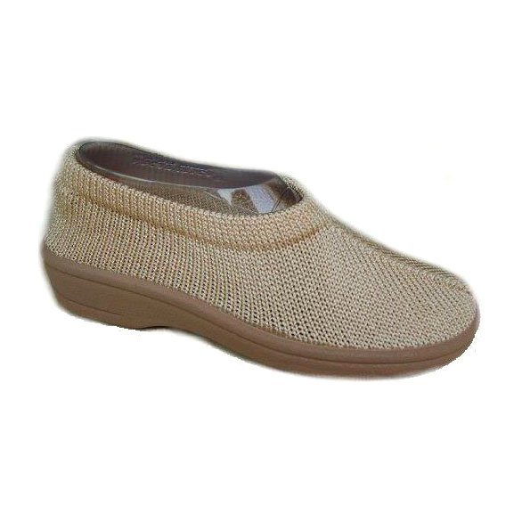 Beige Arcopedico damesko i strikket design, set fra siden med brun sål
