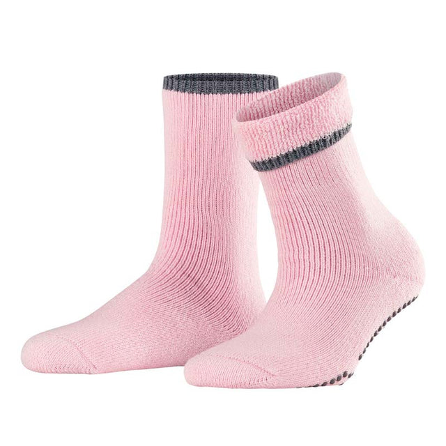 Ljusrosa Falke halkstrumpor med grå ribbad kant, visade upprätt från sidan