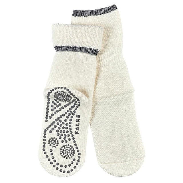 Hvide Falke Cuddle Pads skridsikre strømper set ovenfra, der tydeligt viser de grå skridsikre puder på sålen