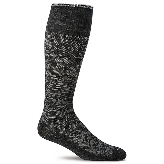 Sort Sockwell støttestrømpe med gråt damaskmønster, set fra siden