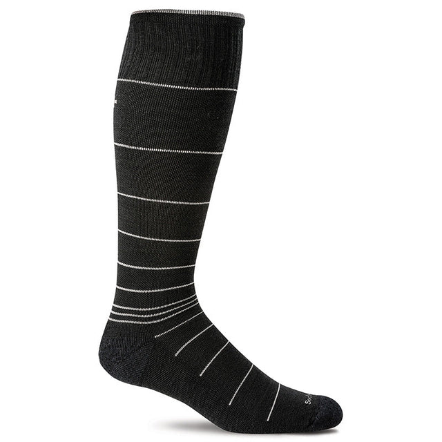 Sort Sockwell støttestrømpe til herrer med hvide striber, set fra siden