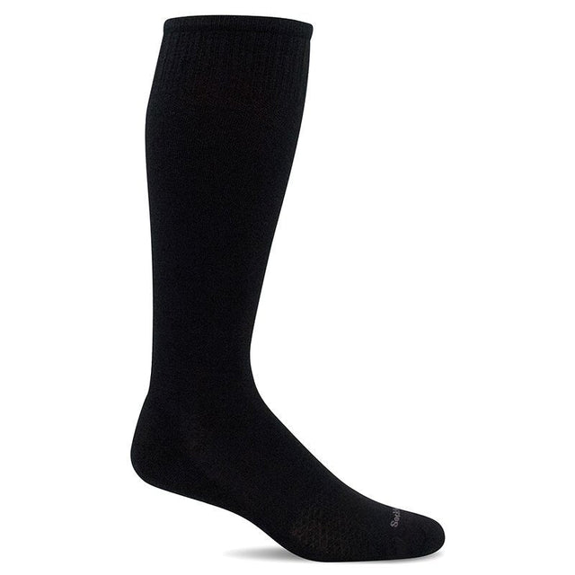 Sort Sockwell støttestrømpe til herrer, set fra siden, med diskret logo ved tåen