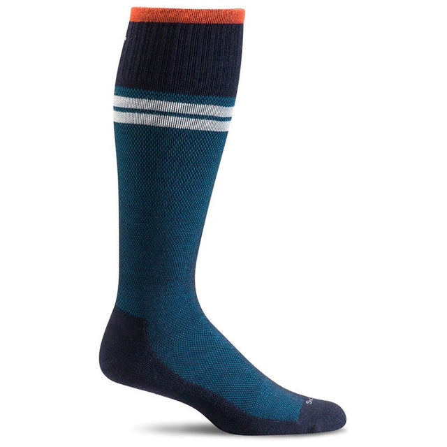 Sockwell Sportster stödstrumpa för herrar i mörkblått och petrol med orange kant och vita ränder