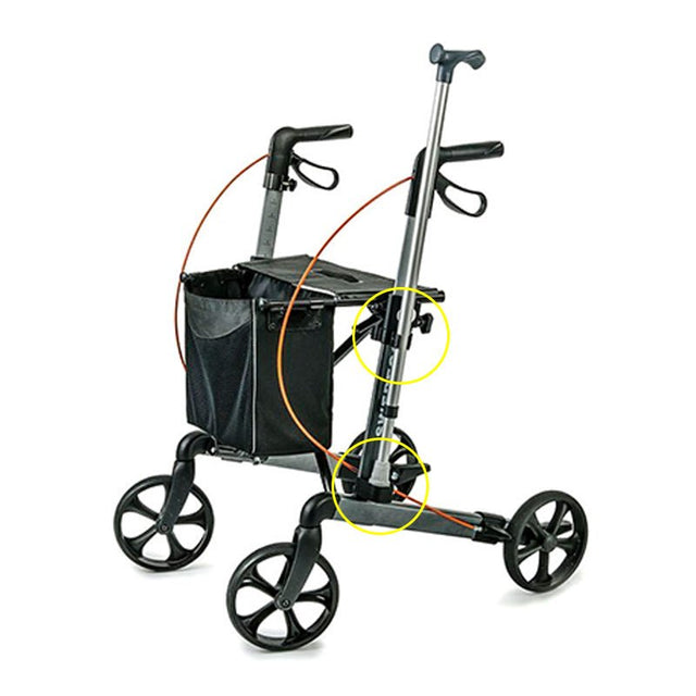 Grå rollator med svarta handtag och väska, med gula cirklar som markerar fästpunkter för käpphållare