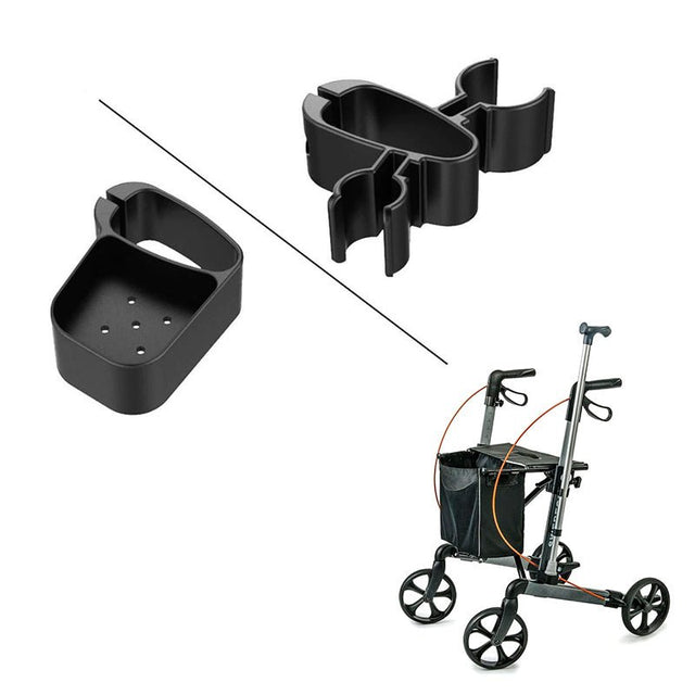 Svarta käpphållare för rollator, visade separat med en grå rollator i bakgrunden