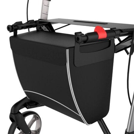 Svart vattenavvisande rullatorväska monterad under sitsen på en modern rollator