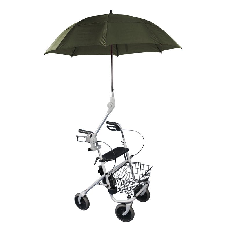 Mørkegrøn paraply til rollator eller kørestol monteret på en hvid rollator, set forfra