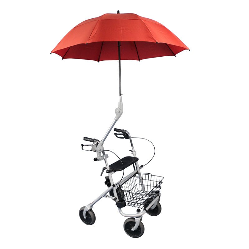 Rød paraply til rollator eller kørestol monteret på en hvid rollator, set forfra