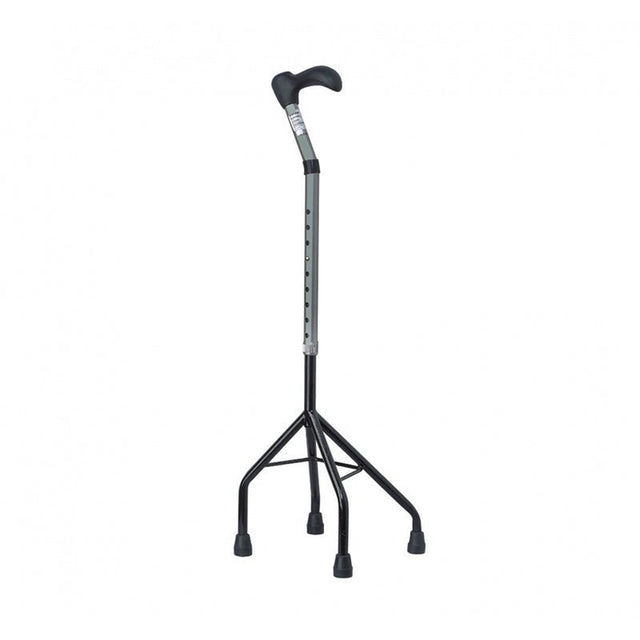 Svart och silverfärgad fyrpunktskäpp med ergonomiskt handtag, sedd framifrån