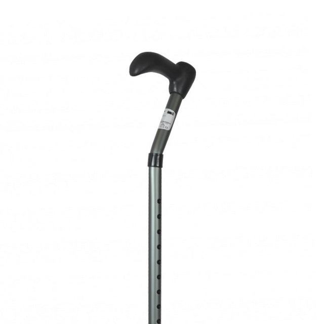 Närbild av det svarta ergonomiska handtaget och den silvergrå justerbara käppstaven
