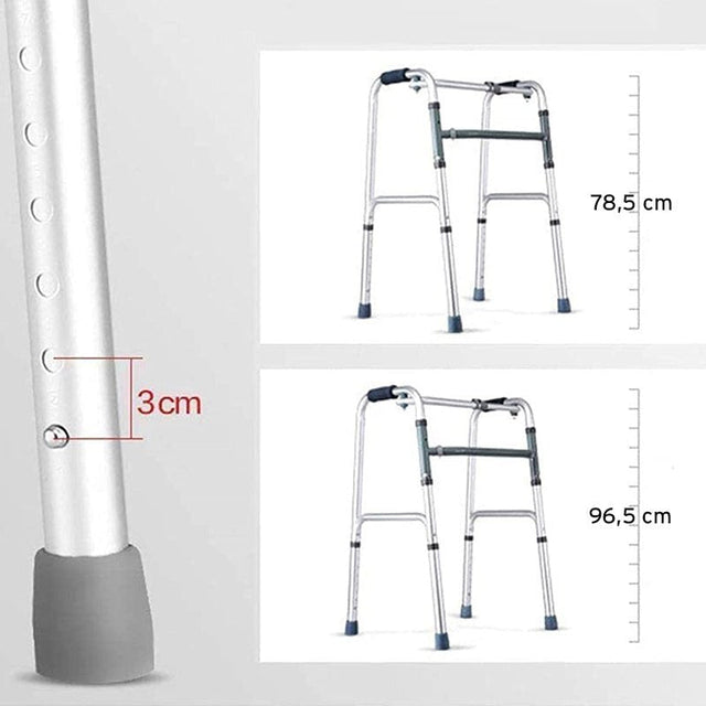 Detaljbild av gåstativets höjdjustering med måtten 78,5 cm och 96,5 cm