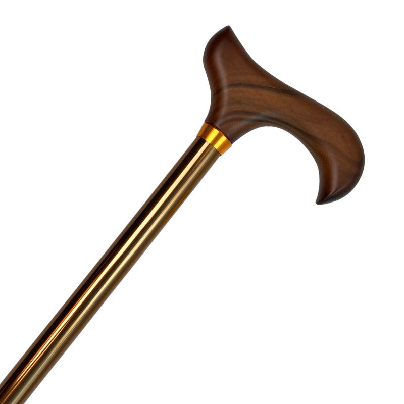 Närbild på en bronsfärgad käpp med träfärgat handtag och en dekorativ guldfärgad ring