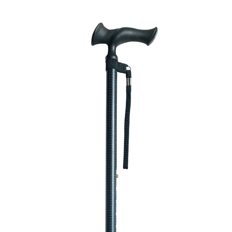 Helbild av den gråmönstrade anatomiska käppen med svart ergonomiskt handtag och handledsrem