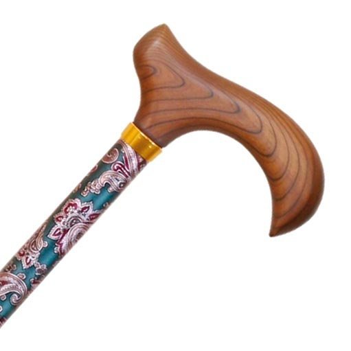 Närbild på en mörkgrön käpp med paisley-mönster och ett träfärgat handtag med gulddetalj