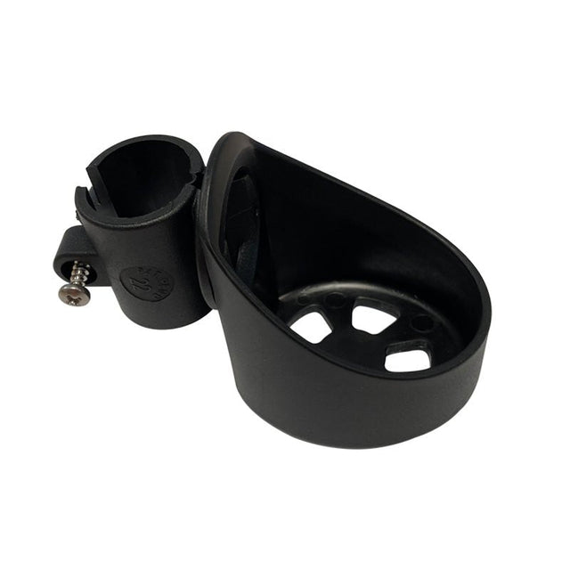Svart Micky Clip käpphållare med tillhörande kopp för käppfot, sett snett framifrån