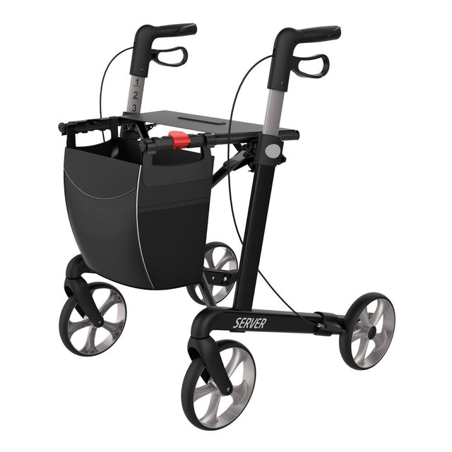 Svart Server rollator med en fast sits monterad ovanpå det befintliga sätet