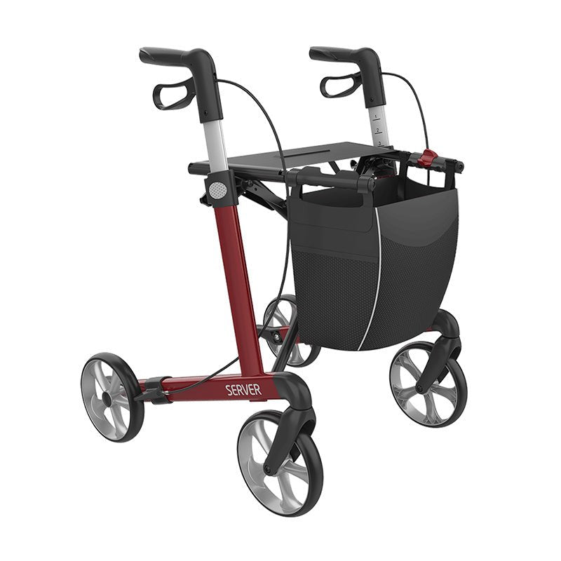Röd Server rollator sedd snett framifrån med svart sits, väska och ergonomiska handtag