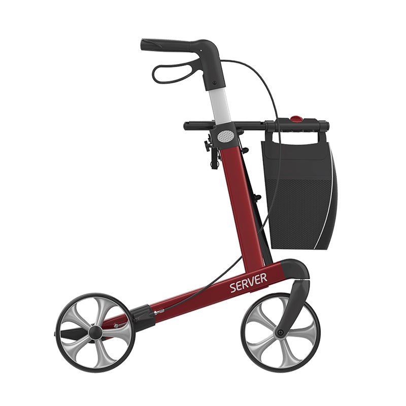 Röd Server rollator i sidoprofil med svarta hjul och en praktisk väska