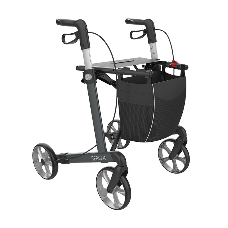 Antracitgrå Server rullator sedd snett framifrån med sits, ergonomiska handtag och praktisk väska