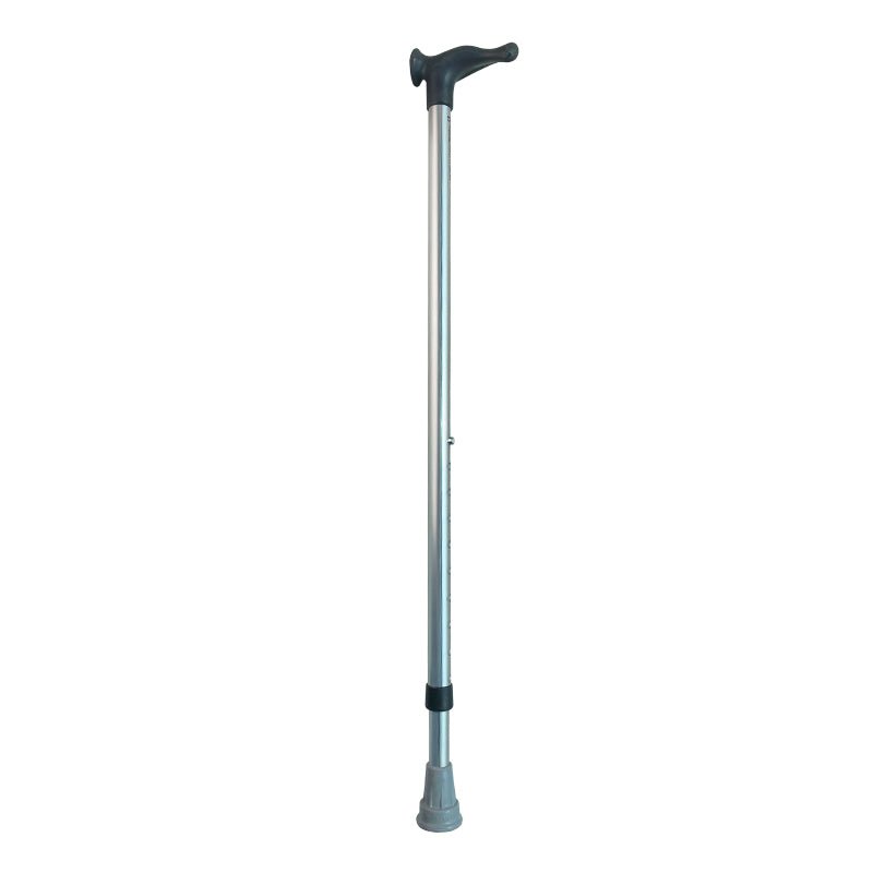 Helbild av en silverfärgad ergonomisk käpp med svart handtag och grå gummifot