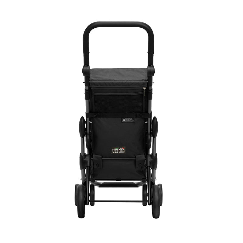 Sort Go Up Premium indkøbsvogn set lige bagfra, med det polstrede håndtag og den store taske med netlomme