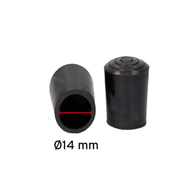 Två svarta doppskor för käppar, en sedd uppifrån med 14 mm diameter, en från sidan