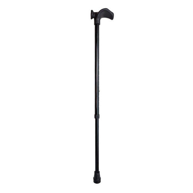 Helbild av svart justerbar käpp med ergonomiskt handtag, synlig höjdjustering
