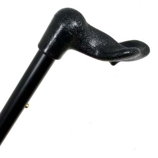 Närbild på det svarta anatomiska handtaget på en ergonomisk käpp, sett från sidan