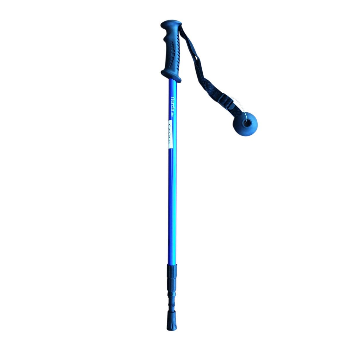 Blå vandringsstav med svart ergonomiskt handtag och justerbar handledsrem, foten är svart gummi