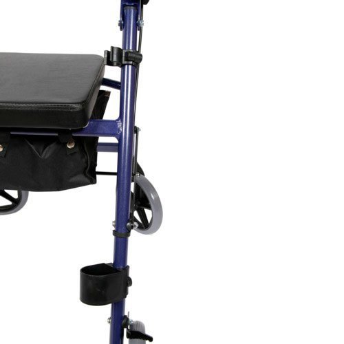Svart käpphållare med klämma och kopp monterad på en blå rollator, sedd från sidan