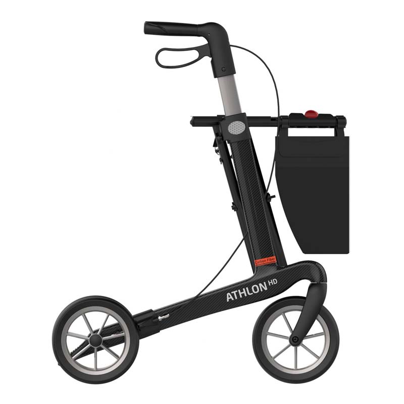 Athlon HD rollator i svart kolfiber, sedd från sidan, med sina fyra hjul och justerbara handtag