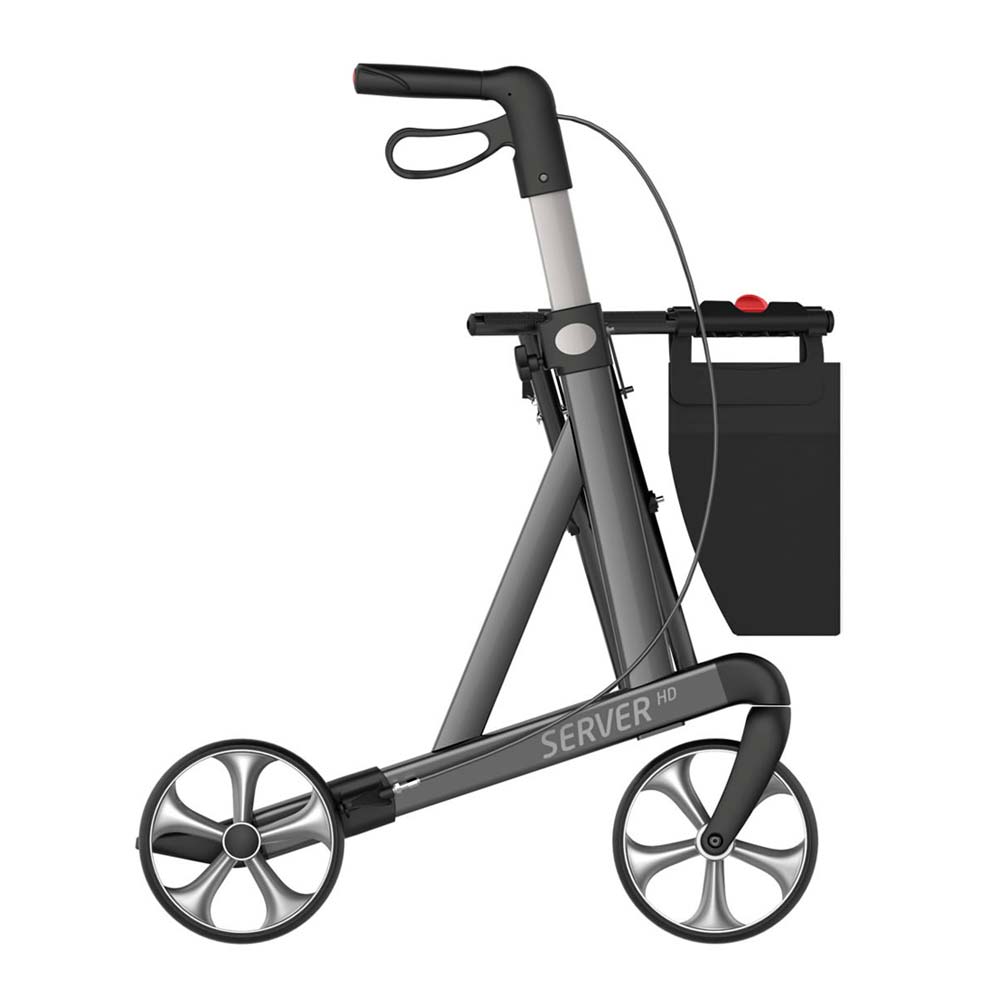Server HD rollator i mörkgrått med svart väska, sedd från sidan