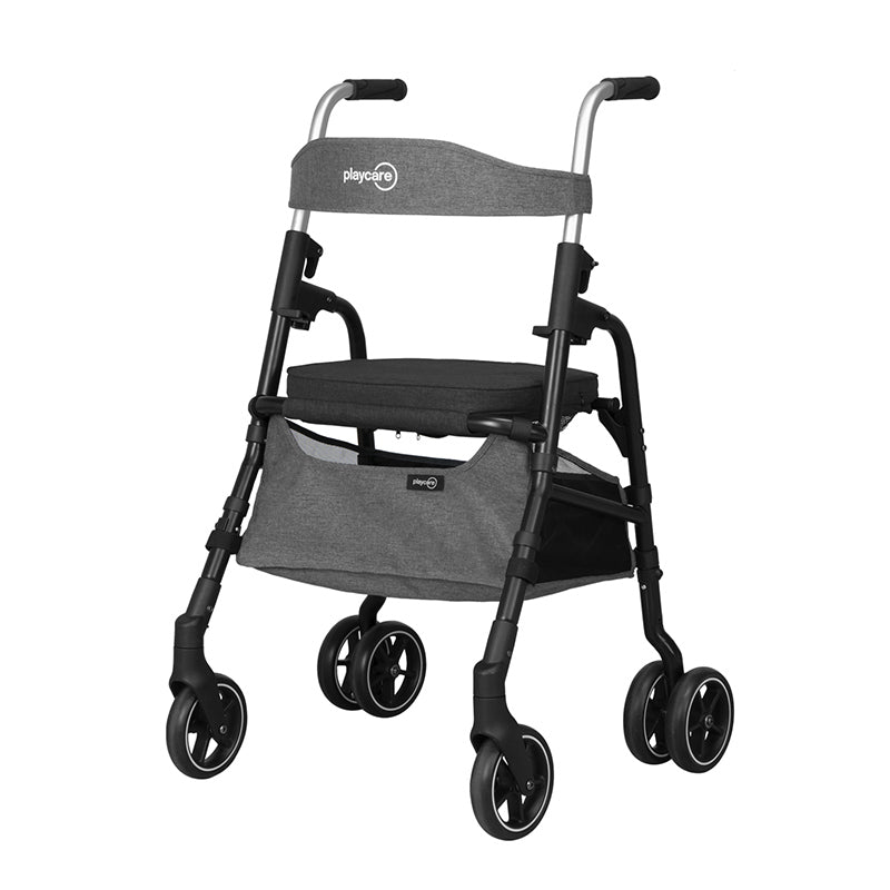 Grå Playcare W05 rollator og indkøbsvogn set forfra med polstret sæde og opbevaringstaske