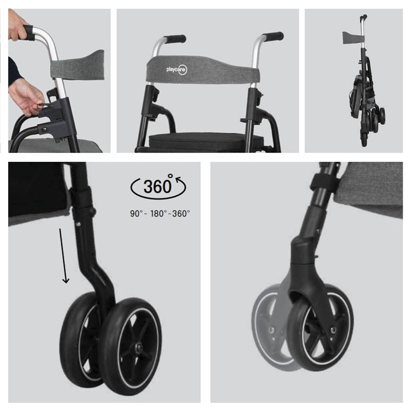 Detaljer af grå rollator: justering af håndtag, foldet design og de 360° drejelige forhjul