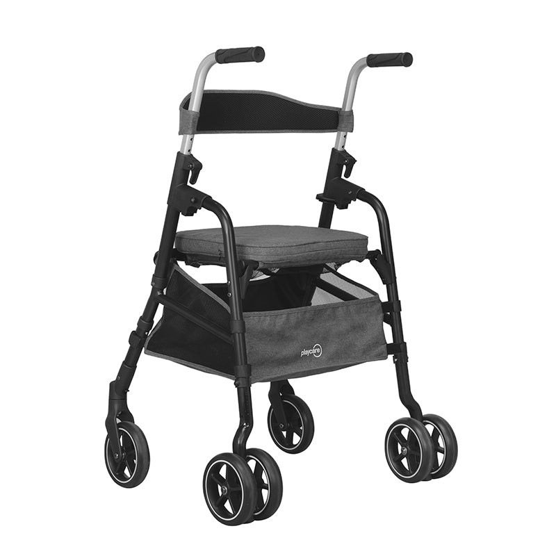 Grå Playcare W05 rollator set forfra med polstret sæde og praktisk mesh-net taske