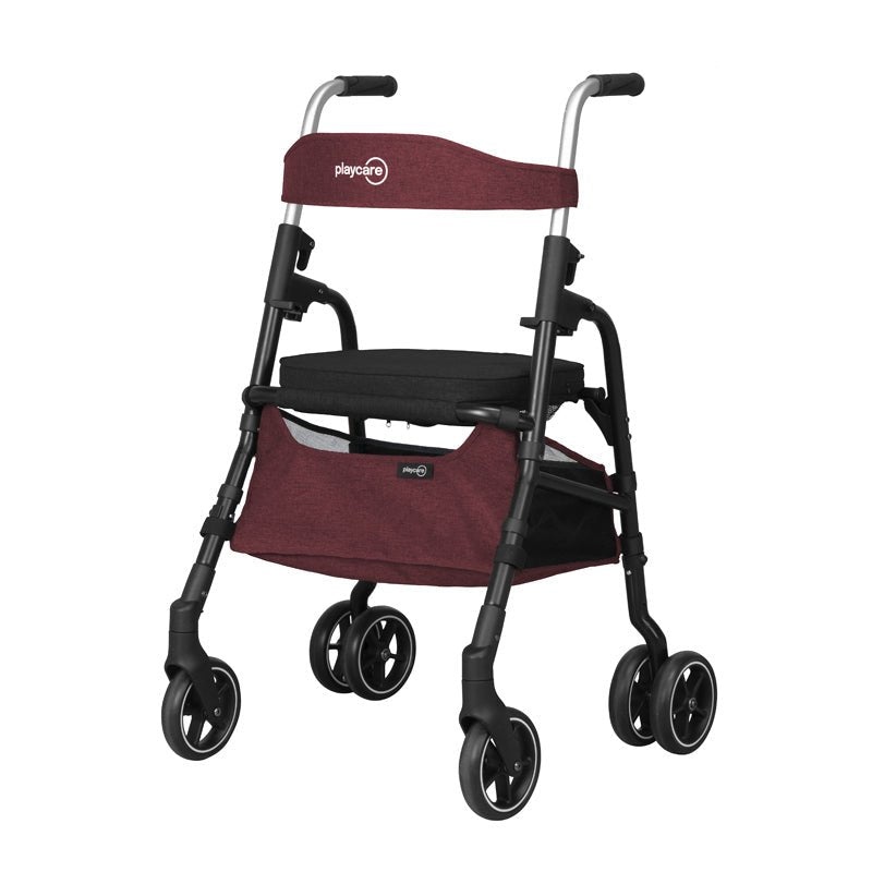 Bordeauxrød W05 rollator/indkøbsvogn med polstret sæde og opbevaringstaske, set skråt forfra