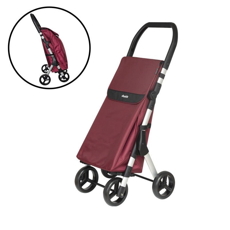 Röd Muuvi Up dramatenväska med fyra hjul och ergonomiskt handtag, samt en mindre bild av den hopfälld