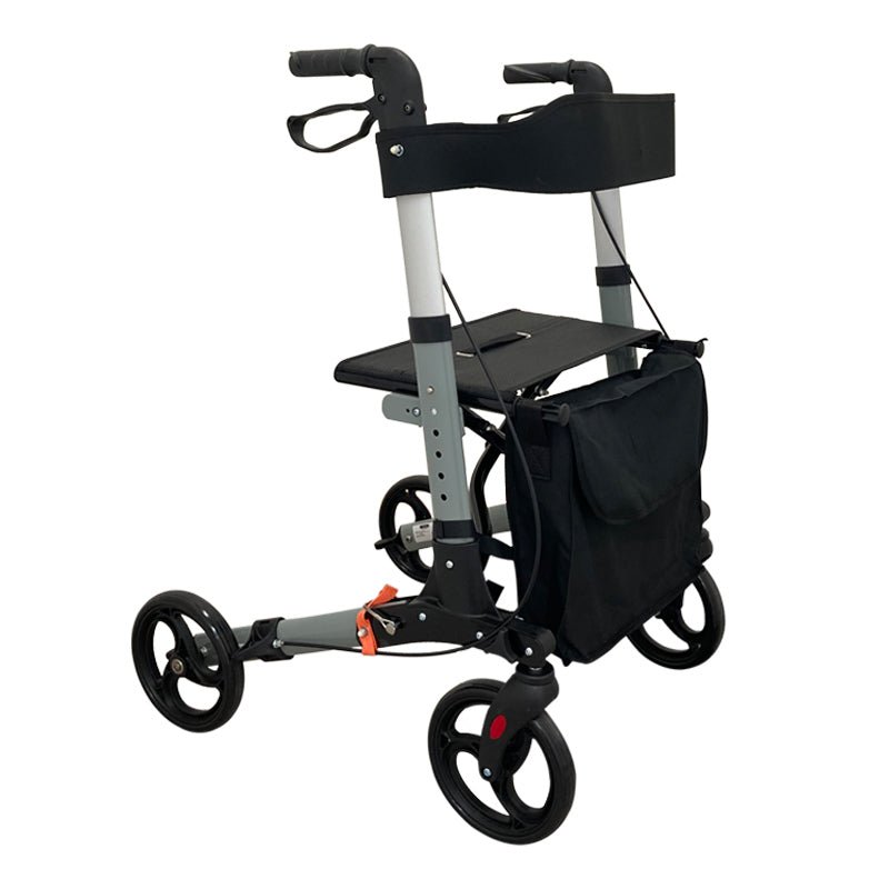 Grå och svart Dove rollator sedd framifrån i vinkel, med sits, ryggstöd och praktisk väska