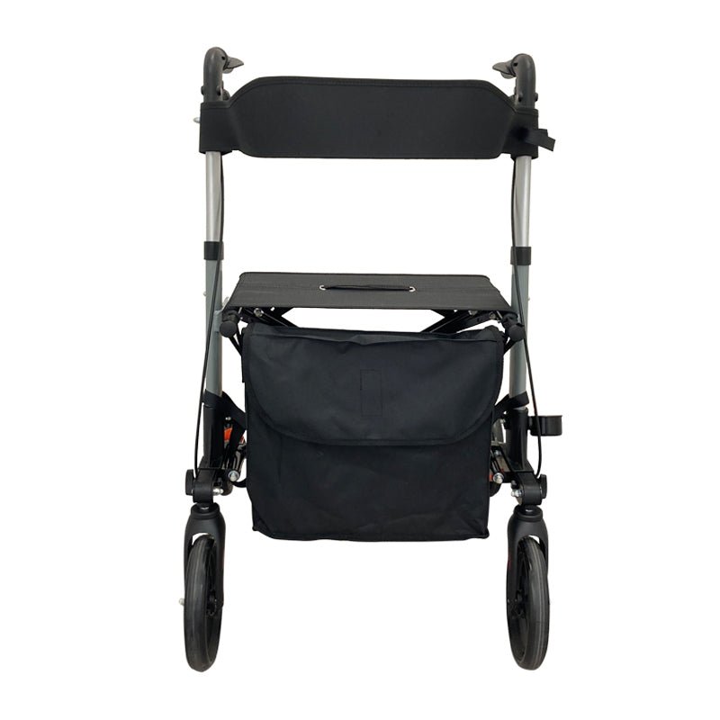 Dove utomhusrollator i grått och svart sedd rakt framifrån, med sits och ryggstöd