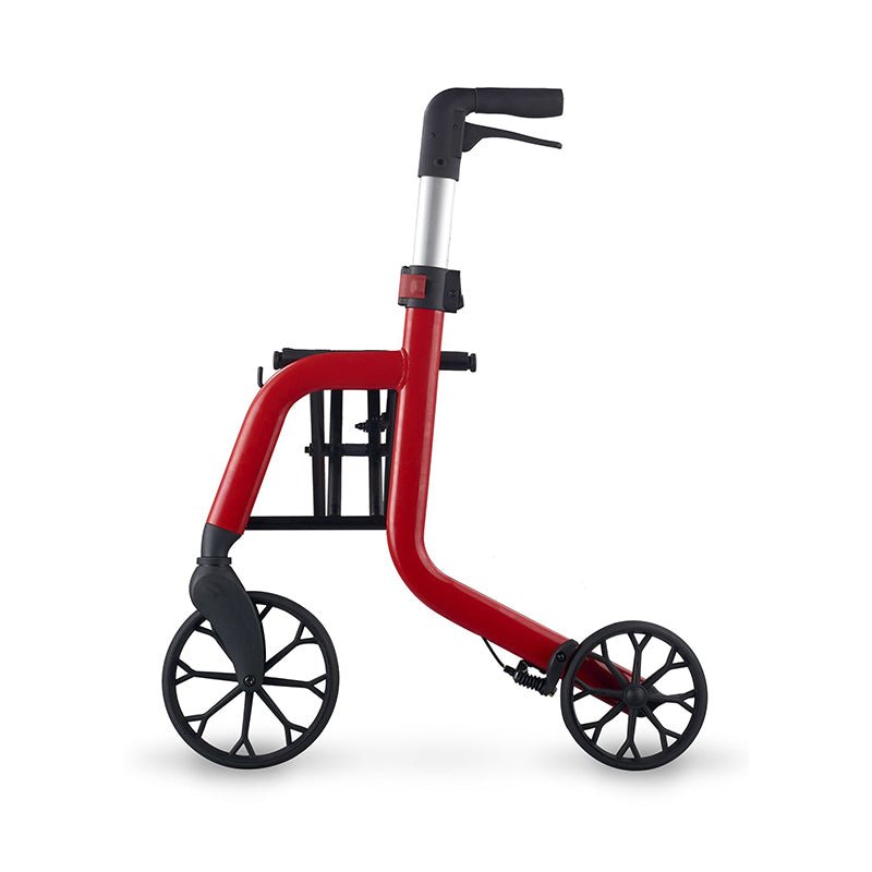 Rød Samba rollator set fra siden, viser det lette stel og store hjul