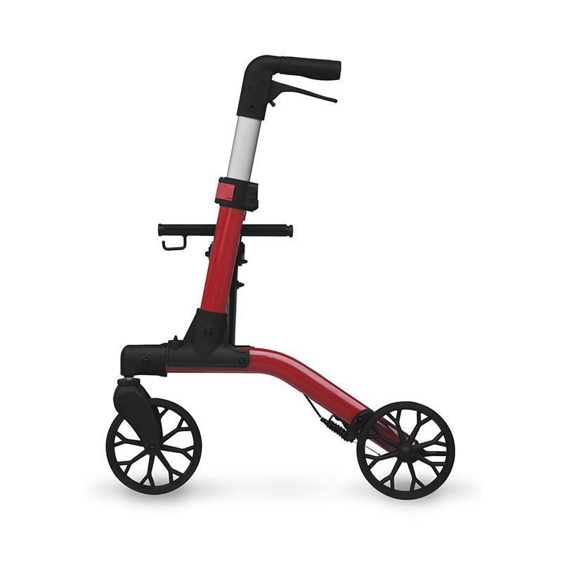 Mambo rollator i rød set fra siden, med store hjul og ergonomisk håndtag